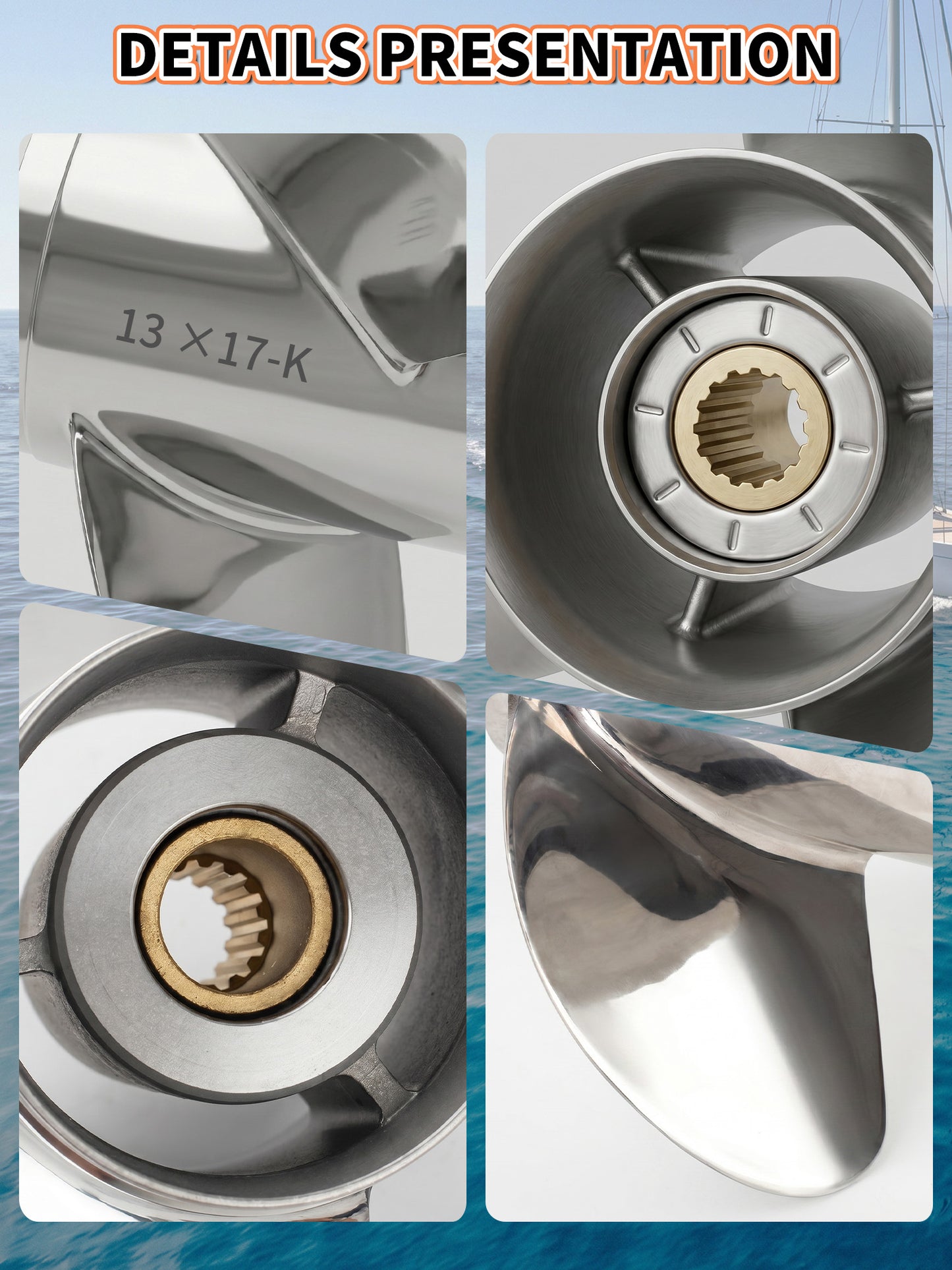 Boat Propeller, 13 x 17, for Yamaha Outboard 50-130 HP Motors, 15 Tooth Spline, 3-Blade, RH