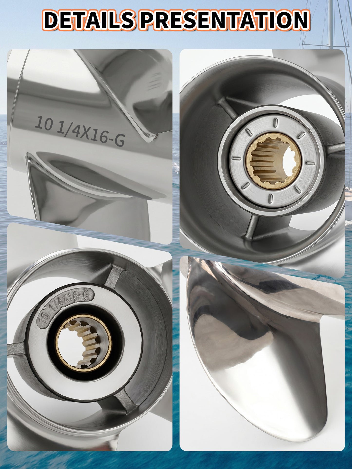 Stainless Steel Boat Propeller 10 1/4 x 16, for Yamaha Outboard 40/48/50/55/60 HP Motors, 13 Tooth Spline, 3-Blade, RH