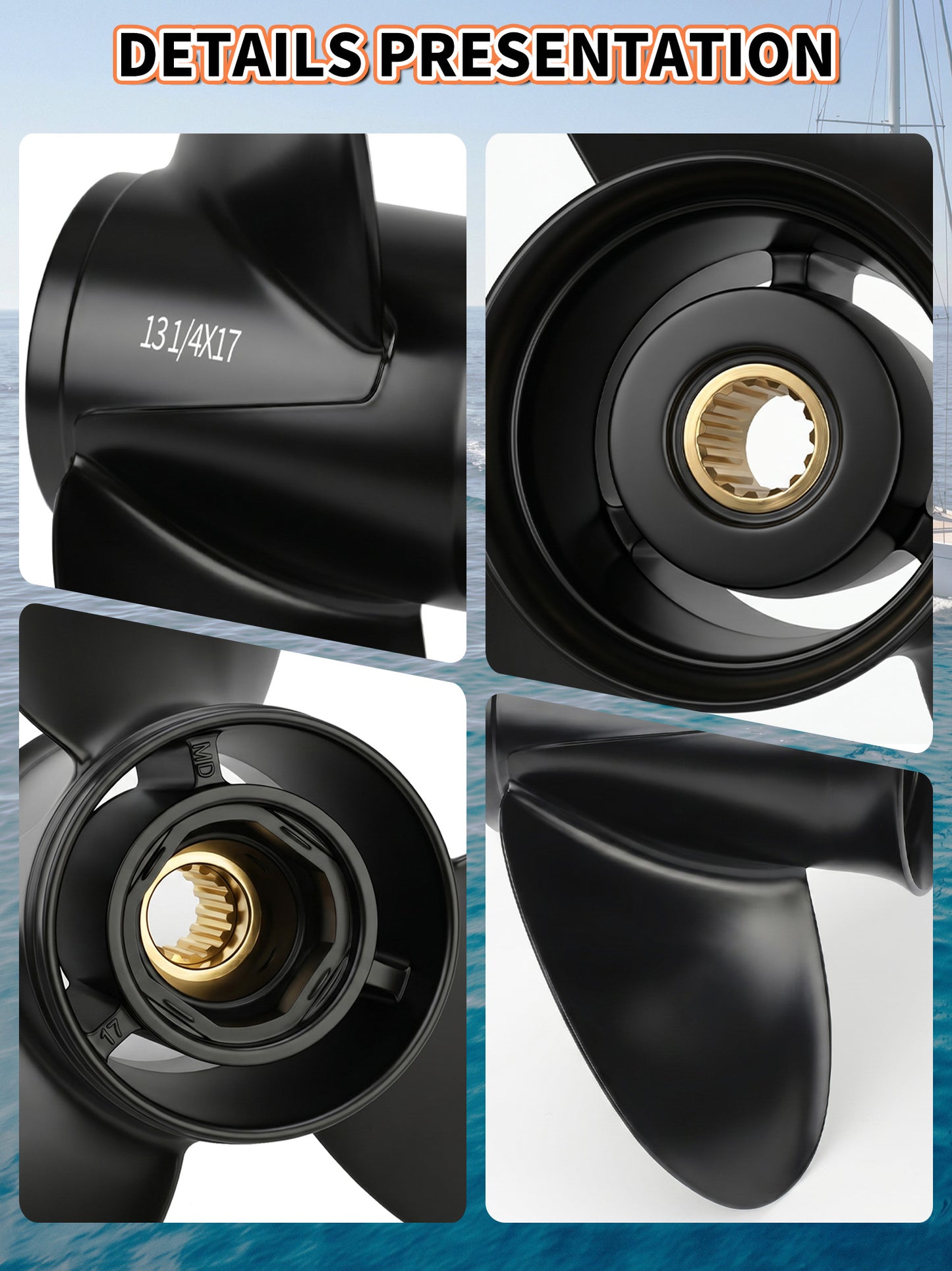 Aluminum Boat Propeller 13 1/4 x 17, for Mercury Outboard 40-140 HP Motors, 15 Tooth Spline, 3/4-Blade, RH