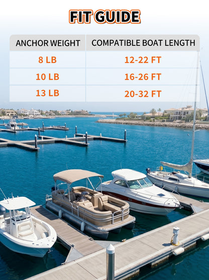 8/10/13 LB Fluke Anchor Kit with 100 FT Nylon Rope, Chain and Shackles, Danforth Anchor for Pontoon, Dinghies, Fishing and Bass Boats 12-32 FT