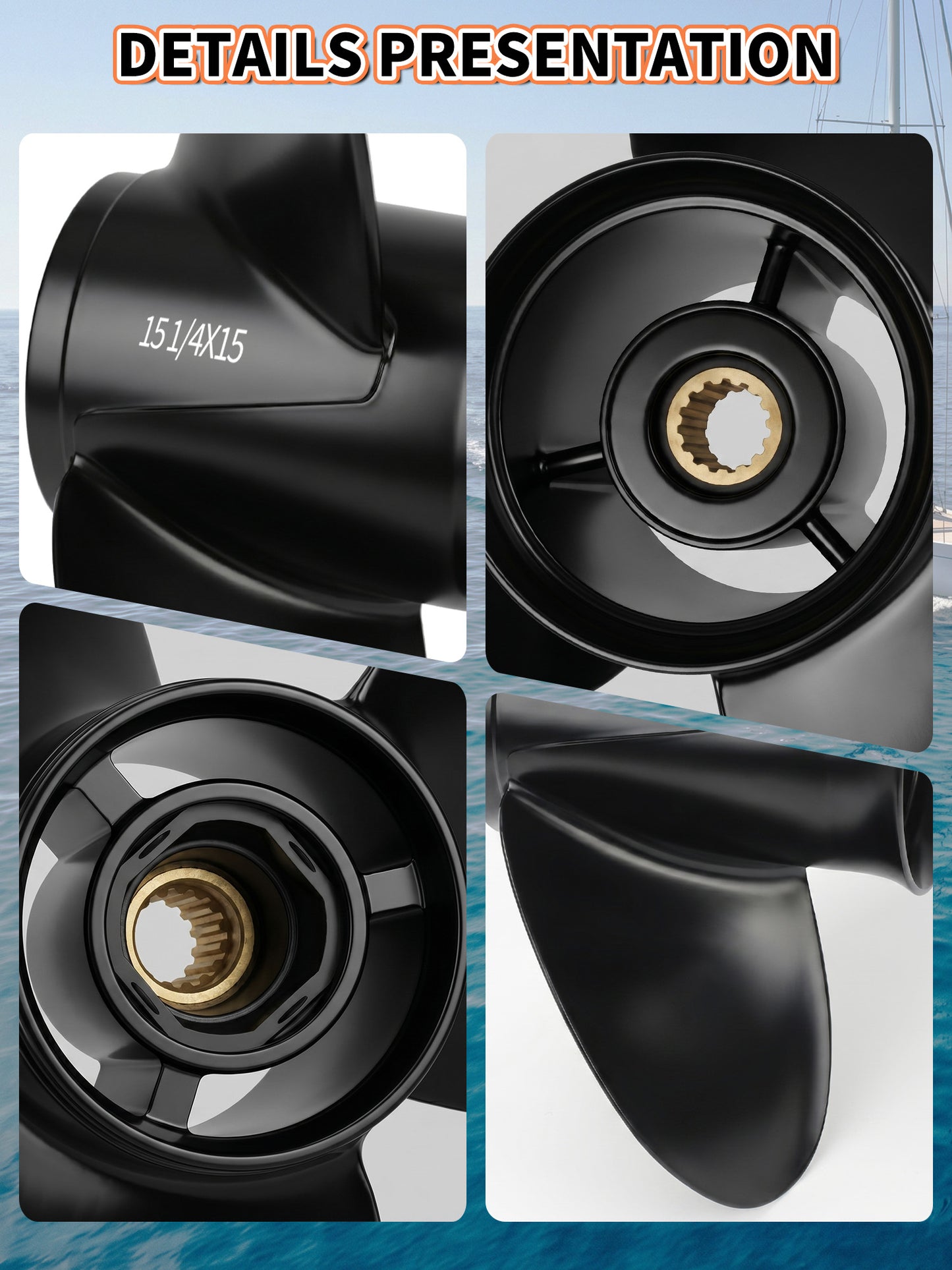 Aluminum Boat Propeller 15 1/4 x 15, for Mercury Outboard 135-300 HP Motors, 15 Tooth Spline, 3-Blade, RH