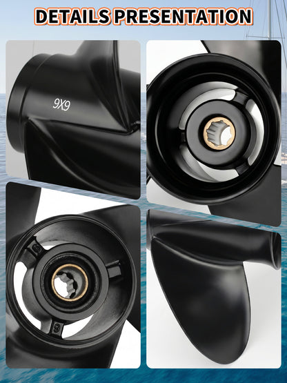 48-828156A12 Aluminum Boat Propeller, 9 x 9, for Mercury Outboard 6/8/9.9/10/15 HP Motors, 8 Tooth Spline, 3-Blade, RH