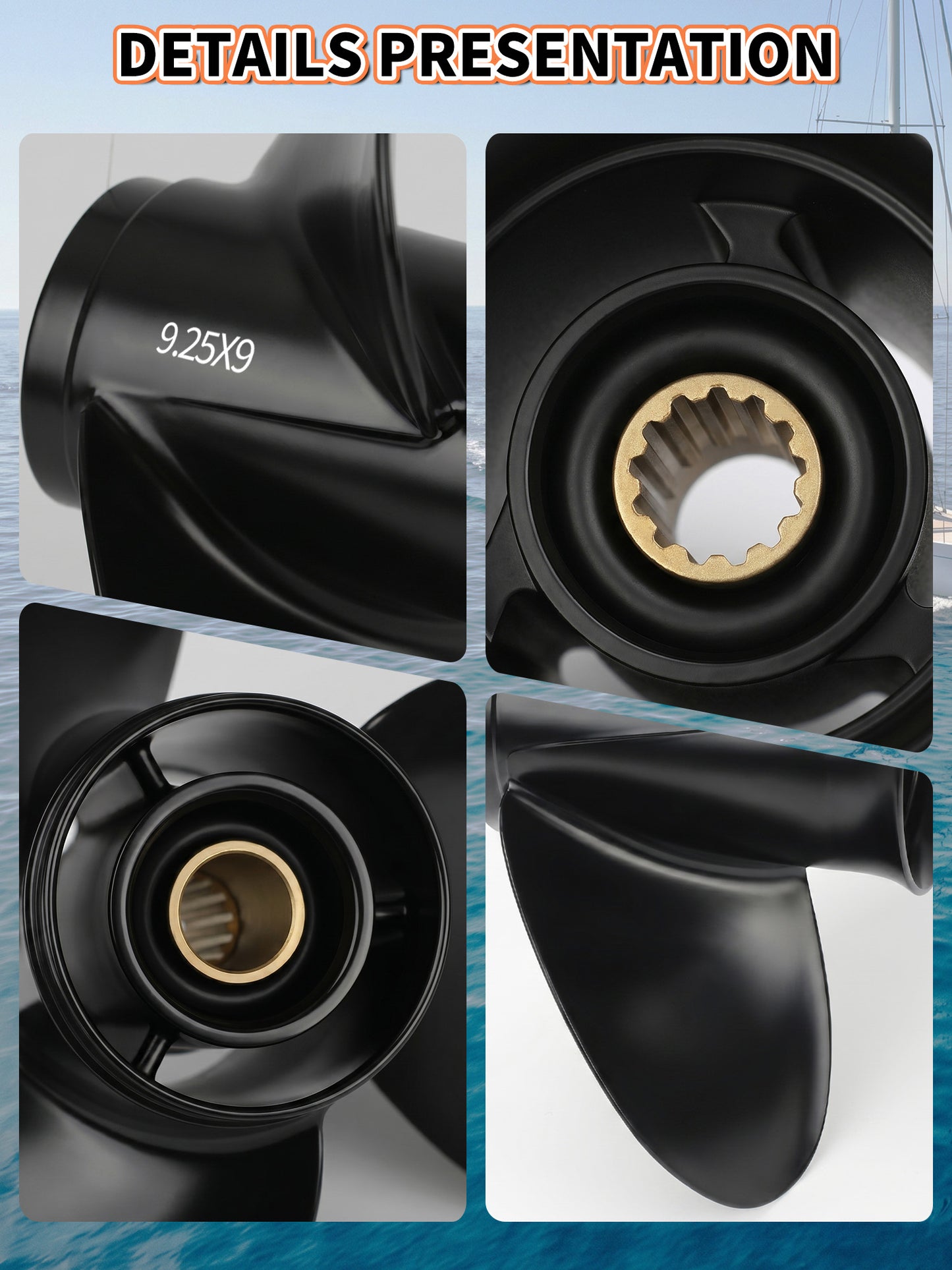 Aluminum Boat Propeller, 9.25 x 9/10/11, for Mercury Outboard 9.9/15/20 HP Motors, 14 Tooth Spline, 3-Blade, RH