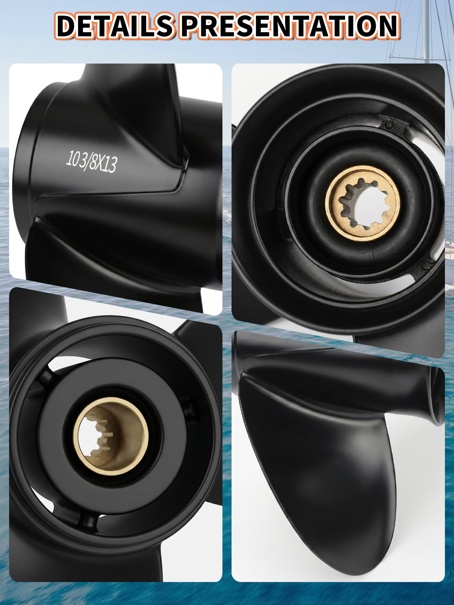 10 3/8 x 13 Aluminum Boat Propeller, for Mercury Outboard 25-75 HP Motors, 13 Tooth Spline, 3-Blade, RH