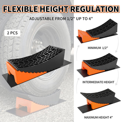 RV Leveling Block, Curved Leveler Kit, Dual Axle Trailer, Orange Lift 1/2" to 4", 2 Curved Ramp, 2 Chock, 2 Rubber Mat, 1 T Bubble Level, 1 Carry Bag, 2PK