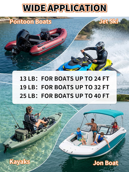 13/19/25 LB Folding Box Anchor Kit with 100 FT Nylon Rope & Chain, for Pontoon, Fishing, Bass Boat, Sport Boat & Cabin Cruiser Up to 24/32/40 FT