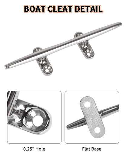 6" Boat Cleat, 316 Stainless Steel Open Base Dock Cleat, Marine Grade Rope Cleat with Fasteners for Deck Mooring and Nautical Decor, 2-Pack/4-Pack