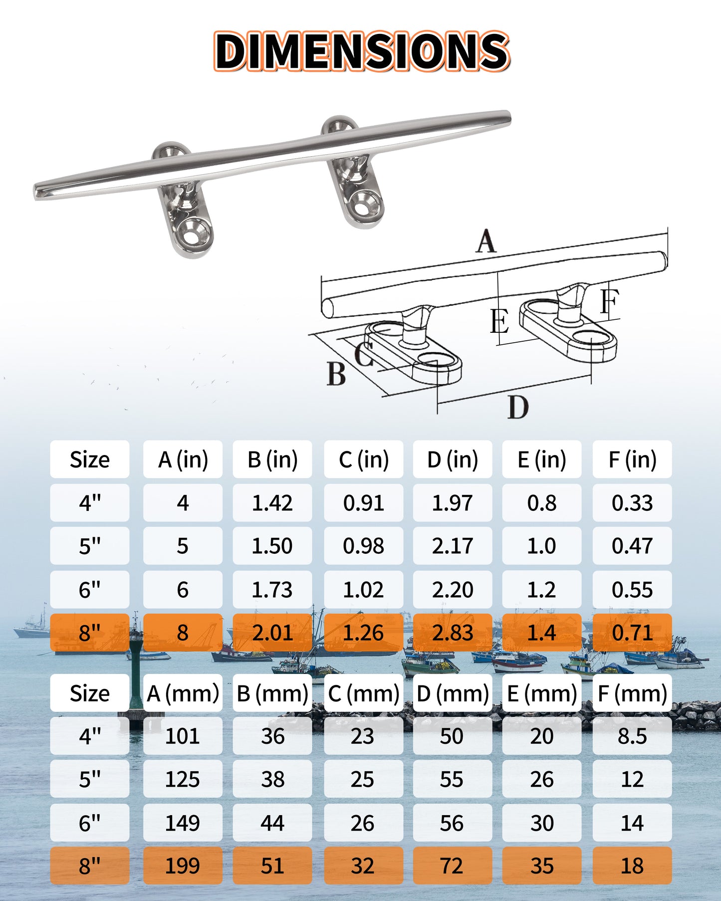 8" Boat Cleat, 316 Stainless Steel Open Base Dock Cleat, Marine Grade Rope Cleat with Fasteners for Deck Mooring and Nautical Decor, 2-Pack/4-Pack