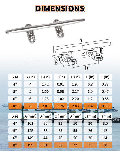 8" Boat Cleat, 316 Stainless Steel Open Base Dock Cleat, Marine Grade Rope Cleat with Fasteners for Deck Mooring and Nautical Decor, 2-Pack/4-Pack