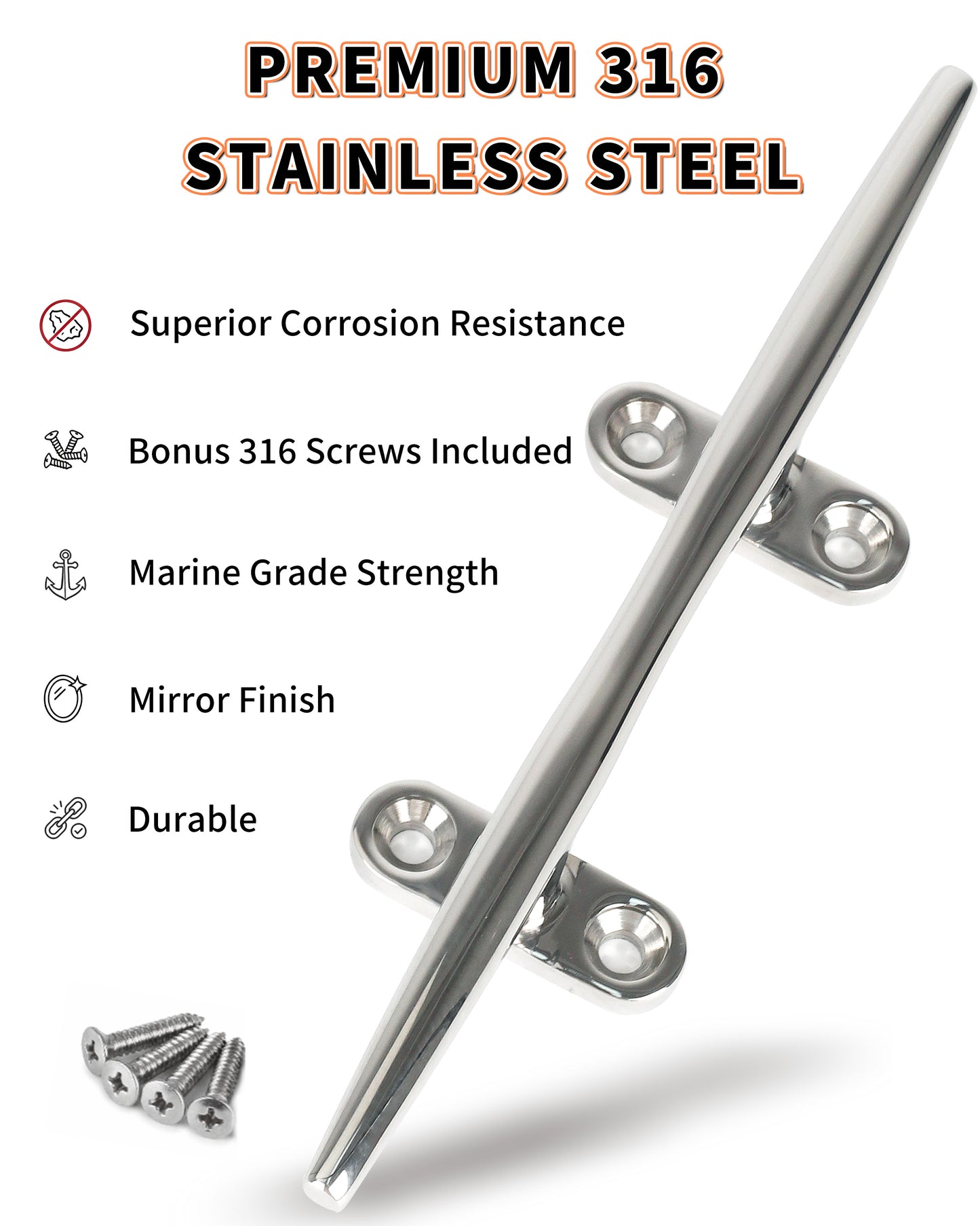 6" Boat Cleat, 316 Stainless Steel Open Base Dock Cleat, Marine Grade Rope Cleat with Fasteners for Deck Mooring and Nautical Decor, 2-Pack/4-Pack
