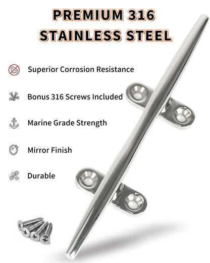 6" Boat Cleat, 316 Stainless Steel Open Base Dock Cleat, Marine Grade Rope Cleat with Fasteners for Deck Mooring and Nautical Decor, 2-Pack/4-Pack