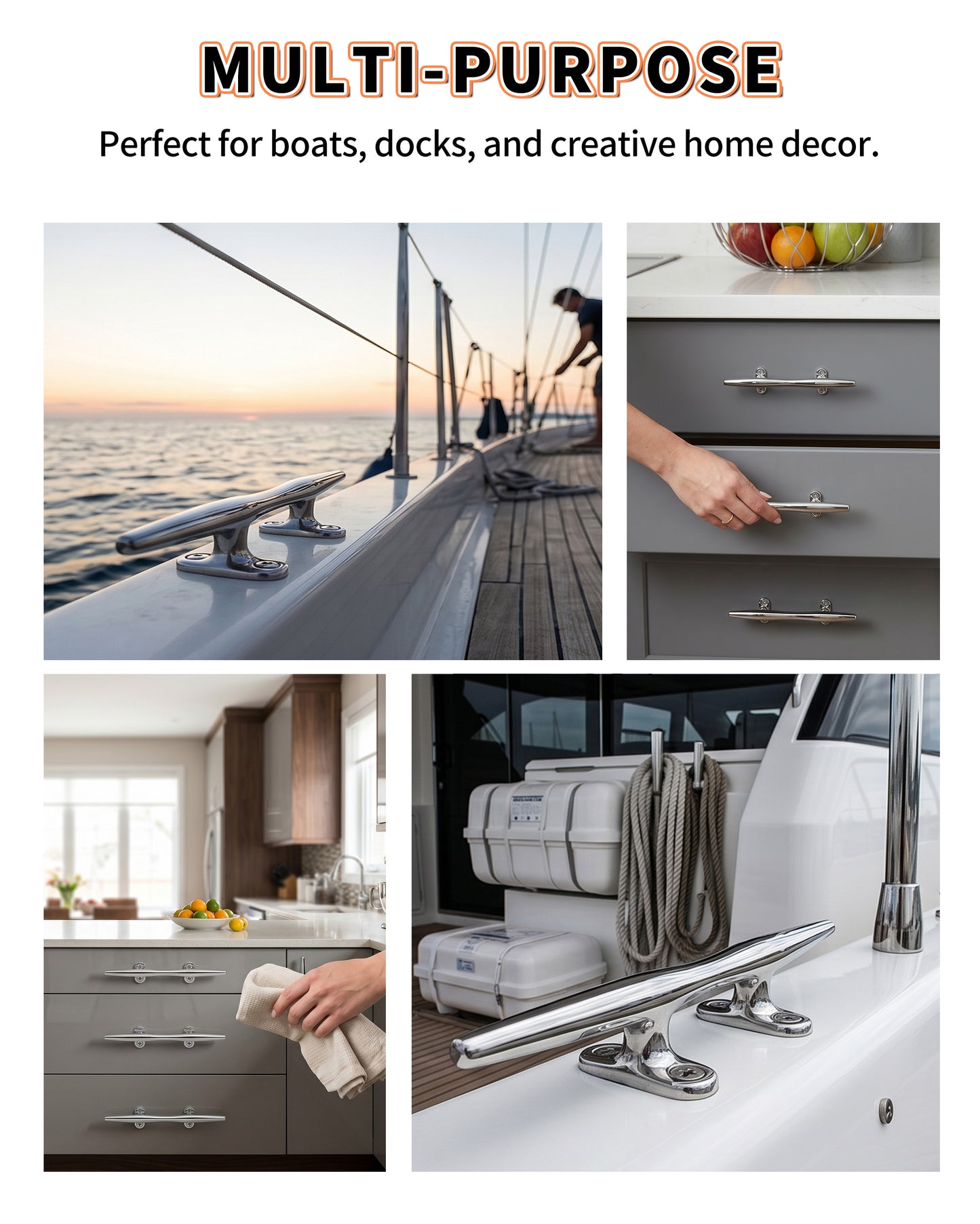8" Boat Cleat, 316 Stainless Steel Open Base Dock Cleat, Marine Grade Rope Cleat with Fasteners for Deck Mooring and Nautical Decor, 2-Pack/4-Pack