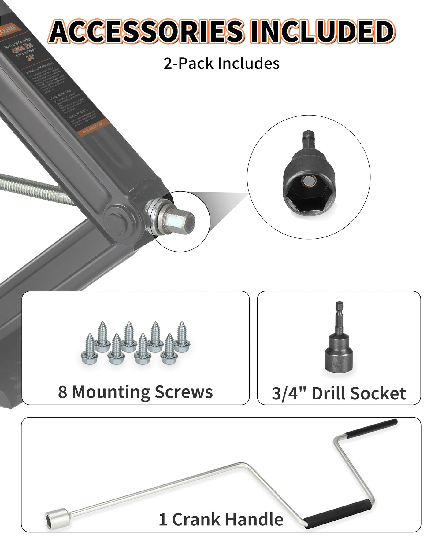 OULEME 24" RV Camper Scissor Jack, 6500 lbs Travel Trailer Leveling Stabilizer with Crank Handle & Drill Socket